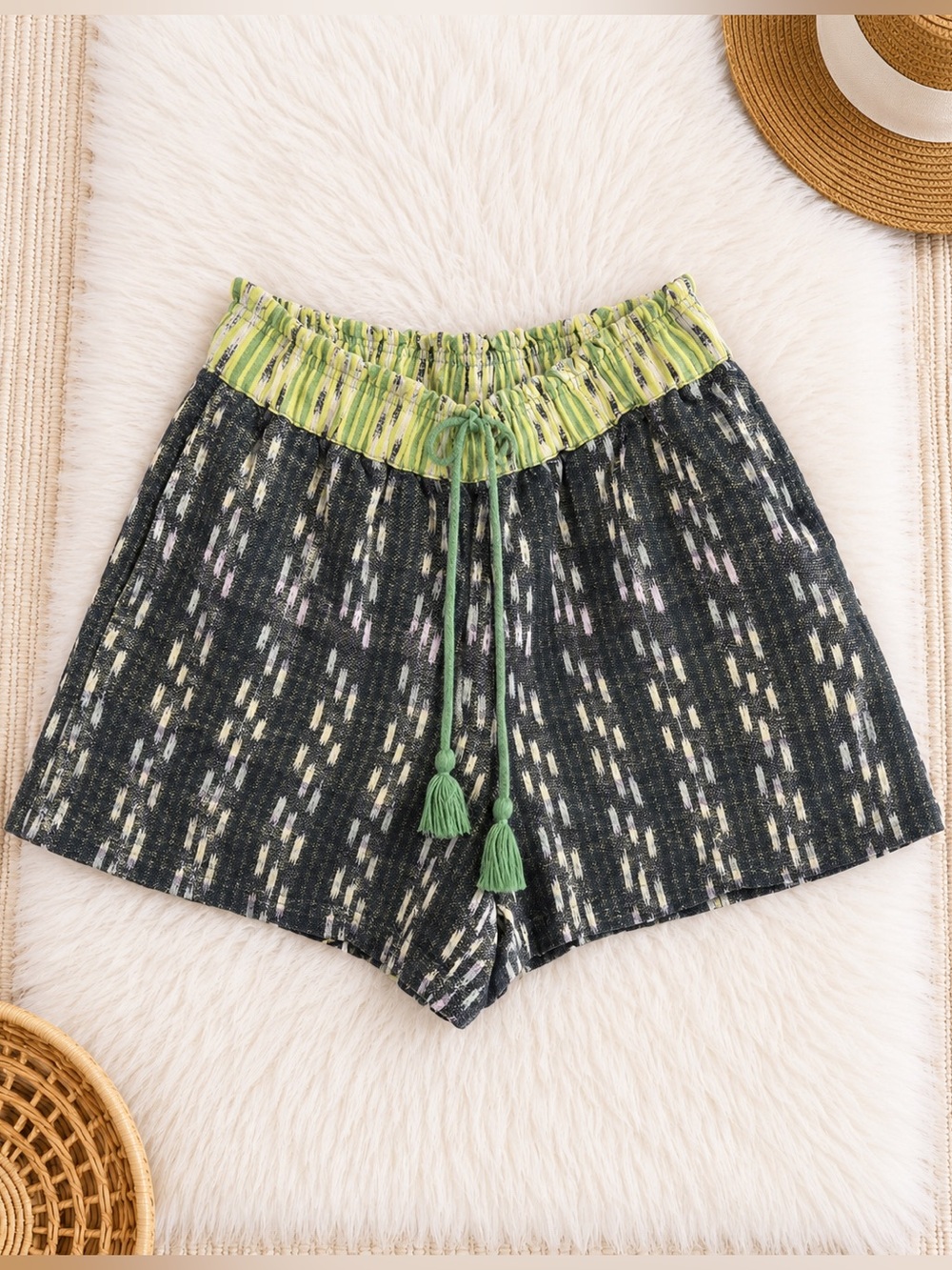 Aerie Black Patterned Shorts with Lime Green Waist, Size S